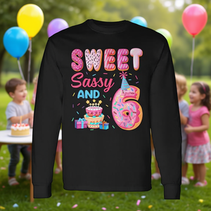 Camiseta de manga larga con tema de donuts de cumpleaños Sweet Sassy And 6, camiseta para niños de 6 cumpleaños - Product Image 3