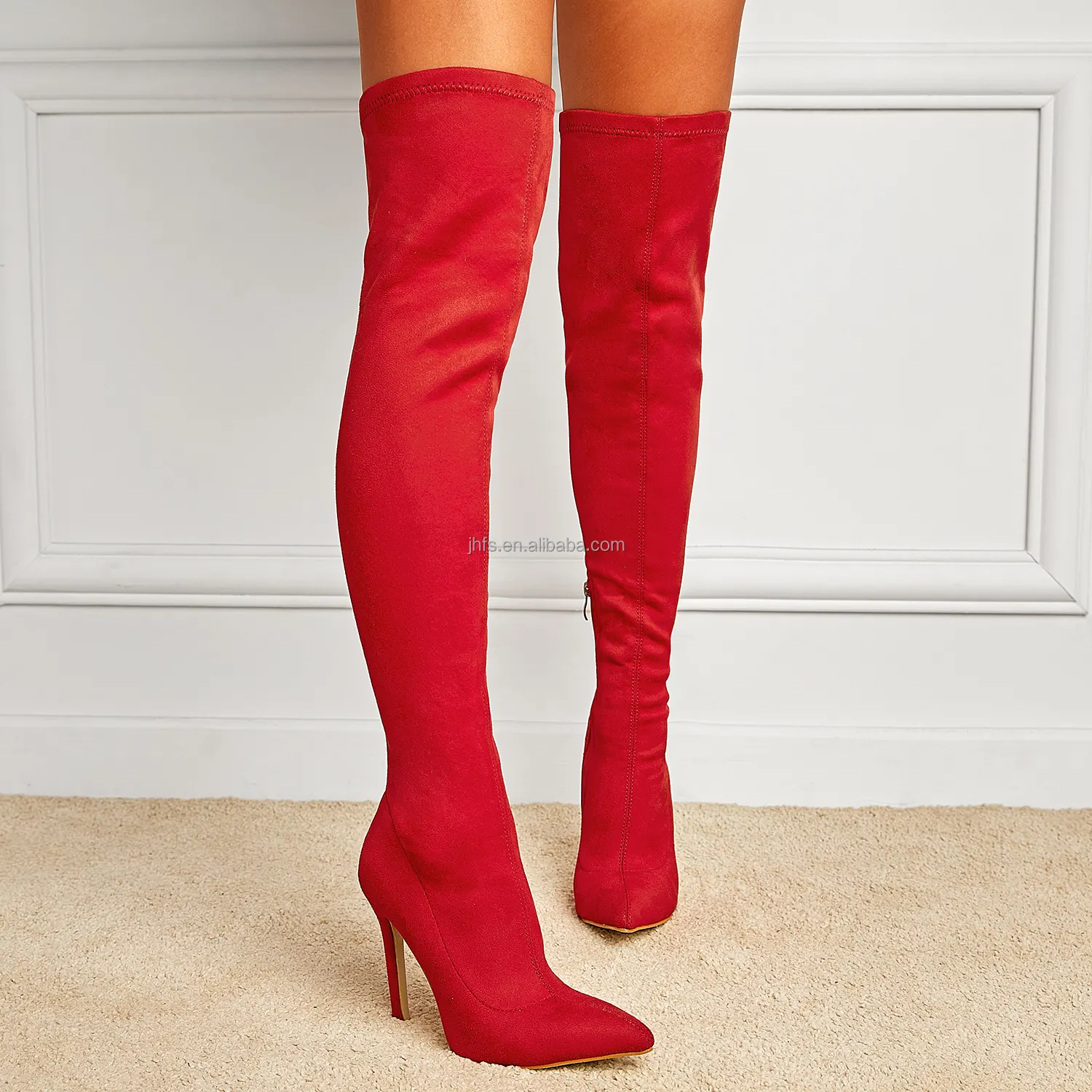 J & H รองเท้าบูทแฟชั่นสำหรับผู้หญิง,รองเท้าปลายแหลมสีแดงซาปาโทสเดอมูเจอร์ต้นขาสูงเซ็กซี่