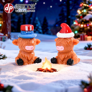 <b>Mini</b> Highland Bull Resin Figurine Santa Hat American Hat <b>Desk</b> Ornament Decorative Gift Accessory - Product Image 2