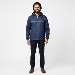 Veste coupe-vent personnalisée en gros pour hommes, imperméable, avec col montant et capuche, style printemps, tissu en toile - Product Image 1