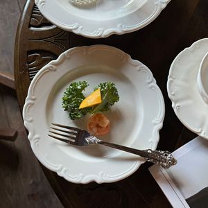 European Style Embossed Lace Design <b>White</b> Ceramic <b>Dinner</b> Plates <b>Set</b> Floral Shape <b>White</b> Charger Plate <b>Set</b> for Wedding Event - Product Image 6