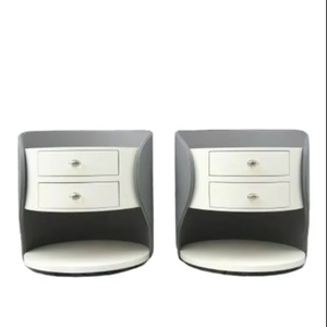 Modern Luxury Round Leather Nightstand White & Grey <b>Side</b> <b>Table</b> with 2 <b>Drawers</b> for Bedroom Furniture - Product Image 1