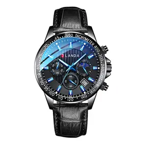 Montres pour hommes avec Logo personnalisé dans les montres-bracelets de luxe en cuir noir, montres de Phase de lune pour hommes, Offre Spéciale