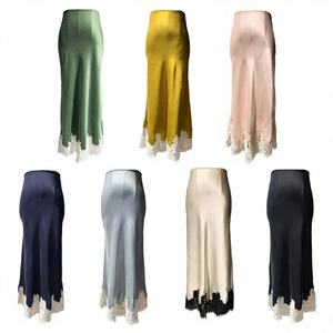 Jupe midi sirène vintage en satin soyeux français à taille naturelle pour femme, avec empiècements en dentelle, coupe biais, élégante pour l'été - Product Image 1