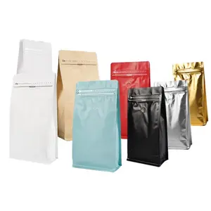 Sacos de café com fundo plano, sacos de papel kraft com zíper lateral para levantar, saco de café com fundo plano, folha de alumínio de 125g, 250g, 500g, 1kg, com válvula