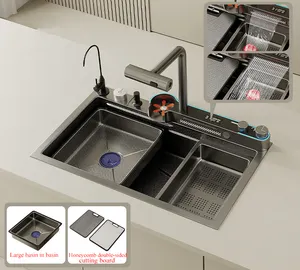 All In One LED Light Rainfall Multifunctional Kitchen Sink with New Glass Rinser and Filter Faucet