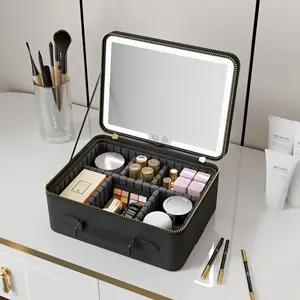 Divider Brush Board Stepless Dimming Portable Cosmetic Black Lighted Vanity Travel Makeup Bag Case With Led Light Mirror