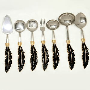 Vintage <b>Metal</b> Flatware Set With <b>Black</b> Leaf Handles High <b>Mirror</b> Polish Dishwasher Safe For Formal Occasions - Product Image 1