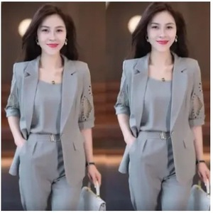 Women's 2025 Summer Slim Harem Pants Suit Set Purple Three Quarter Sleeve Elegant Breathable Woven Polyester - Product Image 4