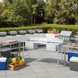 Fabrication et assemblage de mobilier de cantine scolaire en acier inoxydable 201 304, table de travail avec 2 éviers - Product Image 5