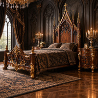 Lit King Size Gothique Européen Haut de Gamme en Bois Foncé Sculpté à la Main avec Bordure Dorée, Tête de Lit Haute, Mobilier de Chambre de Luxe pour Hôtel et Mansion