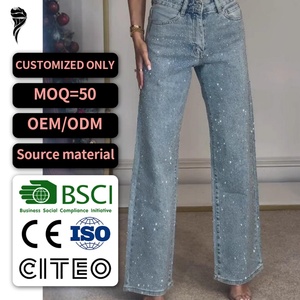 Pantalon taille haute pour femme, coupe large, style streetwear, jean décontracté en denim avec strass pour femme - Product Image 1