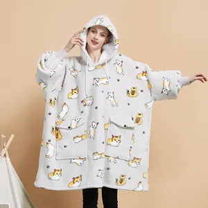 Manta con capucha de talla única de fábrica China, Sudadera con capucha de sherpa, manta peluda personalizada al por mayor