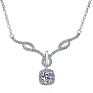 Fashionable Sterling Silver Necklace with 80 Carat Moissanite Pendant and Four-Prong Mounting, Trendy Lock Collar Jewelry