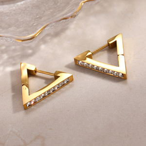Geometric <b>Clip</b>-<b>on</b> <b>Earrings</b> Gold Plated Stainless Steel With Zircon Channel Setting Triangular Design Fashion Drop <b>Earrings</b> - Product Image 2