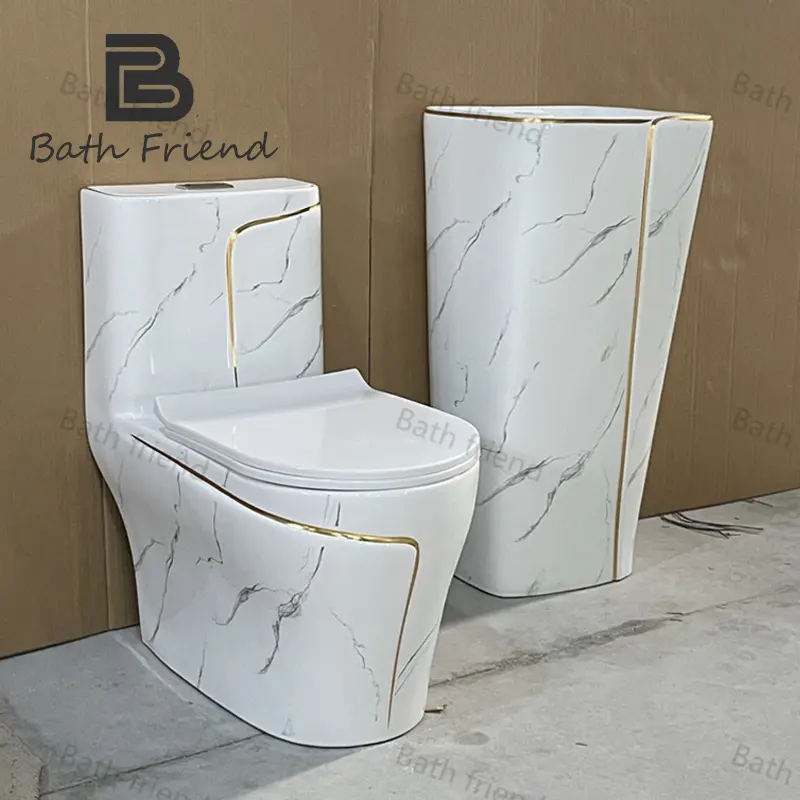 Mermer tuvalet seramik wc altın baskı tuvalet banyo commode tek parça sifon lavabo combo