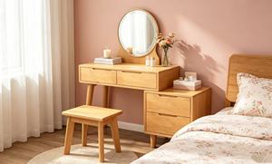 Coiffeuse scandinave en bois de hêtre massif avec miroir éclairé et tiroirs de rangement pour chambre à coucher - Product Image 5