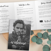 Tarjeta de programa de boda de tres pliegues florales personalizada, tarjeta plegada con línea de tiempo, invitación de boda, impresión colorida