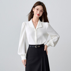 <b>White</b> Satin Blouse With Bow Tie Long Sleeve Women's Office Shirt For Work And Interview - Product Image 3