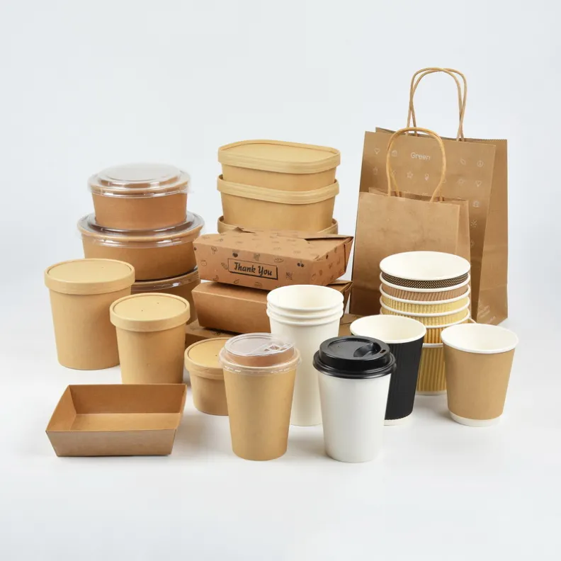 Disposable Eco emballage fast food takeaway kraft paper lunch box with PET window noodle salad container packaging bag tableware