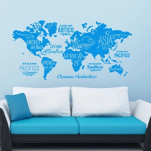 Carte <span class=keywords><strong>du</strong></span> <span class=keywords><strong>monde</strong></span> en mots Autocollant mural en vinyle Océans et continents en espagnol Décoration murale Décoration murale DIY pour le salon - Product Image 4