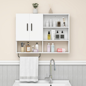 Armoire murale <span class=keywords><strong>blanche</strong></span> pour salle <span class=keywords><strong>de</strong></span> bain avec 2 portes, étagères réglables, barre <span class=keywords><strong>porte</strong></span>-serviettes, rangement au-dessus des toilettes pour cuisine et buanderie - Product Image 3