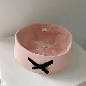 Korean Version Outdoor Tie Up Bow Beret Hat Sunscreen Embroidery Cute Bow Pink Beret Hat Sunscreen Sun Fashion Caps