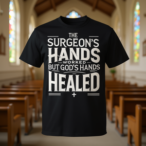 Les mains du chirurgien ont agi, mais les mains de Dieu ont guéri - T-shirt pour hommes, foi chrétienne, chemise de rétablissement religieux - Product Image 3