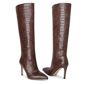 רטוב במפעל הסיטונאי נשים stitto bities 10 ס "מ הברך עקבים גבוהים ברך מגפיים חומים pu תנין רחב מגפי עגל - Product Image 4