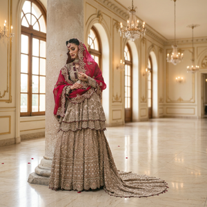 Robes de mariée pakistanaises modernes grande taille coupe trapèze pour réception et Walima, avec broderies florales à pompons, dentelle et cristaux, longueur ras du sol - Product Image 3