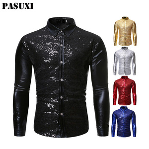 PASUXI New Nightclub Multi Color <strong>Shirt</strong> Youth Cool <strong>Sequin</strong> Bronzing Dance Suit <strong>Shirt</strong> <strong>Men's</strong> Slim Breathable Top - Product Image 1