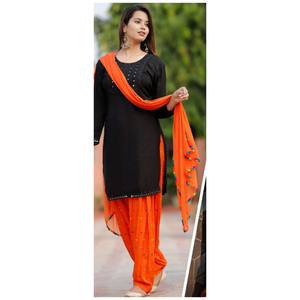 Conjunto de Kurti Negro, Patiala y Dupatta con Bordado de Espejo, Ropa Étnica, Conjunto de Kurta Recta de Rayón, Mangas Tres Cuartos, Cuello Redondo - Product Image 1