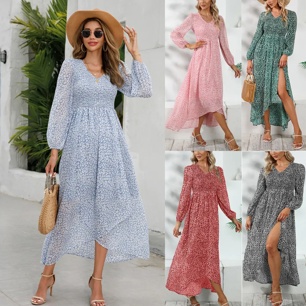 ODM Wholesale 2024 Spring/summer Maxi Dress Casual Bohemian Floral V-neck Beach Long-sleeved Dress Summer Dress Clothing Woman
