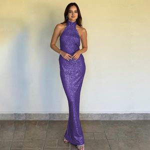 Vestido Halter Bodycon con Lentejuelas, Falda Larga, Sin Espalda, Sin Mangas, Elegante Vestido de Noche - Product Image 3