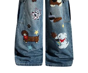 Pantalon <span class=keywords><strong>de</strong></span> <span class=keywords><strong>travail</strong></span> pour homme en denim brodé, taille mi-haute, coupe large, style streetwear décontracté, avec imprimé cartoon, tissé, style industriel lourd, ODM, pour l'hiver - Product Image 6