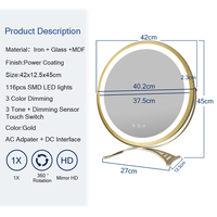 Miroir de maquillage rond en satin doré avec anneau lumineux intégré et support inclinable en U, miroir de vanité LED de table avec base en arche