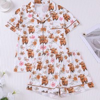 Ensemble de pyjama personnalisé pour femmes et enfants, imprimé animaux de la ferme, style western, deux pièces, vêtements de nuit pour la maison