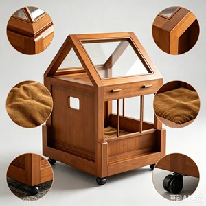 Wooden House Shaped Pet Bed with Wheels & Clear Roof, Enclosed <b>Dog</b> Cat Crate Furniture, Modern Decorative Indoor Pet Shelter for - Product Image 1