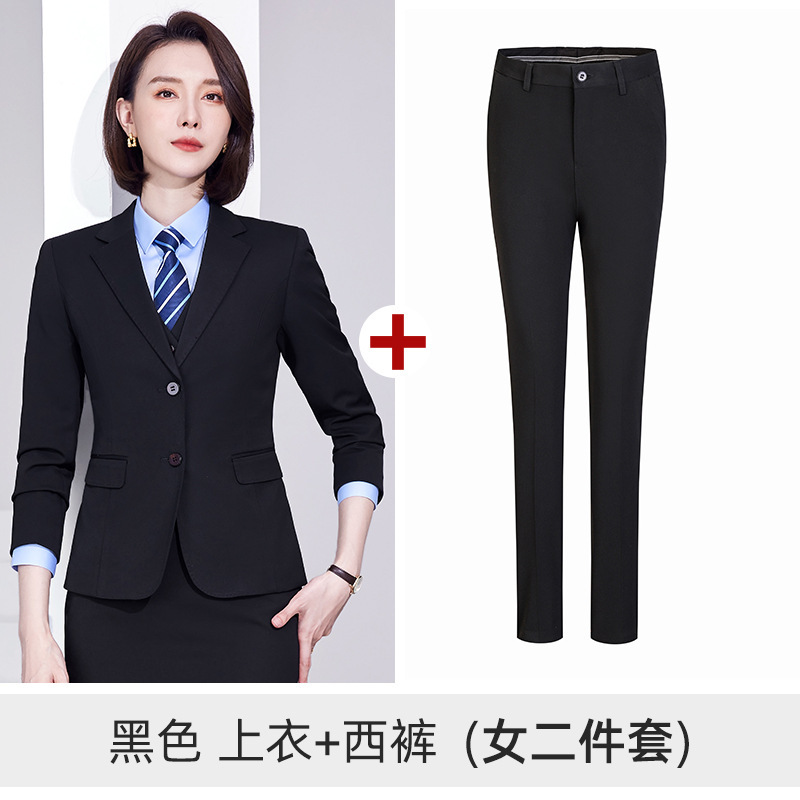 Black two-piece suit for women, top and trousers.