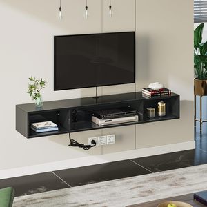 Toma de corriente, consola de medios <span class=keywords><strong>negra</strong></span>, entretenimiento flotante, estante de TV montado en la pared, gabinete de soporte con luces RGB para sala de estar - Product Image 6
