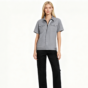 Camicia Estiva da Donna Grigio Chiaro a Maniche Corte - Top da Lavoro Industriale in Twill <span class=keywords><strong>Fine</strong></span> Elasticizzato CVC - Product Image 1