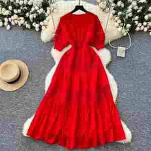 เดรสลำลองทรงเอไลน์สีแดง แขนสั้น คอวี แต่งผ้าลูกไม้ฉลุลาย สไตล์วินเทจสำหรับฤดูร้อน เหมาะสำหรับผู้หญิง - Product Image 4