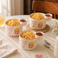 Bol à frites en céramique personnalisable avec coupelle à sauce intégrée, motif mignon, en porcelaine, pour salade, fruits, apéritifs et repas