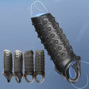 Múltiples Estilos y Colores Disponibles, Juguete Sexual con Condón, Funda para Pene con Textura <span class=keywords><strong>de</strong></span> Rayas y Vástago <span class=keywords><strong>de</strong></span> Bloqueo Hipoalergénico para Masturbador Masculino - Product Image 1