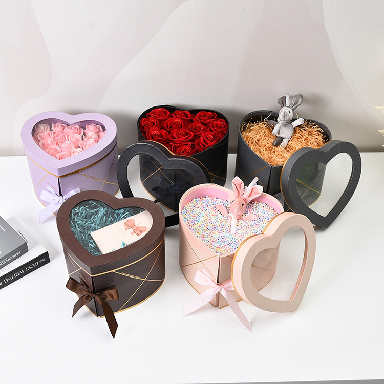 luxury empty two layer heart shaped paper packing decorating rose flower box for flowers