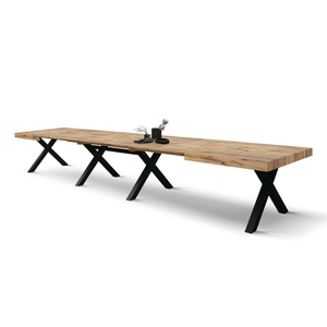 Table à manger extensible Roberta 180 à 480 cm, plateau en mélamine chêne rustique, pieds en X noirs, usage intérieur - Product Image 1