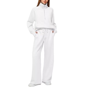 Ready Stock Women Casual Stand Anti-Wrinkle Polyester Fleece Knee Half Zip Wide Leg Sports Wear Tracksuit Set Solid Embroidered - Product Image 3