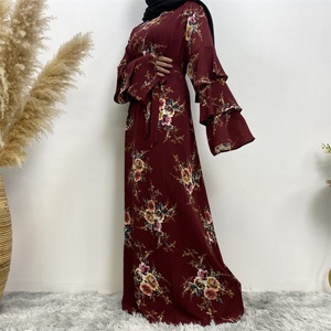 Big Discount Dress Fashion Three Layers Tiered Sleeves With Colorful Flowers Print Back Zipper Muslim Women <b>Abaya</b> Dress 9071# - Product Image 6