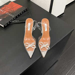 Escarpins Femme Sexy à Nœud Papillon et Strass de Marque Tendance, Chaussures à Talons Hauts en PVC avec Bride Arrière, Chaussures de Mariage Estivales pour Femmes - Product Image 4