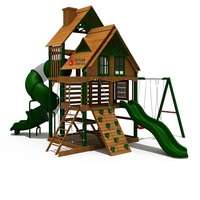Großer Kinder-Fitnesspark mit Holzrutsche, Kletternetz und Holzrahmen – Outdoor-Spielplatzrutsche mit Holzloch